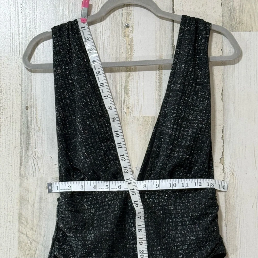 V Neck Glitter Sparkling Black Women's One-Piece Swimsuit